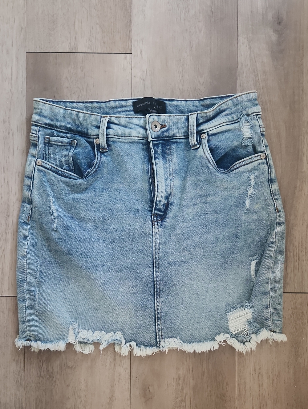 Kendall & Kylie Faded Light Blue Distressed Denim Mini Skirt